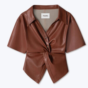 Nanushka Thora Twist Front Vegan Brown Faux Leather Top